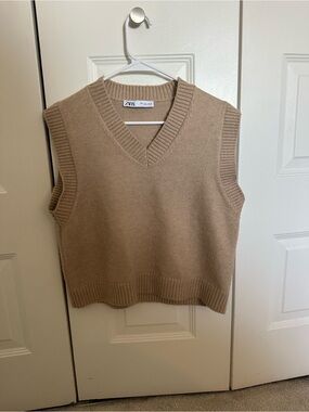 Zara Camel Knit V-Neck Sweater Vest